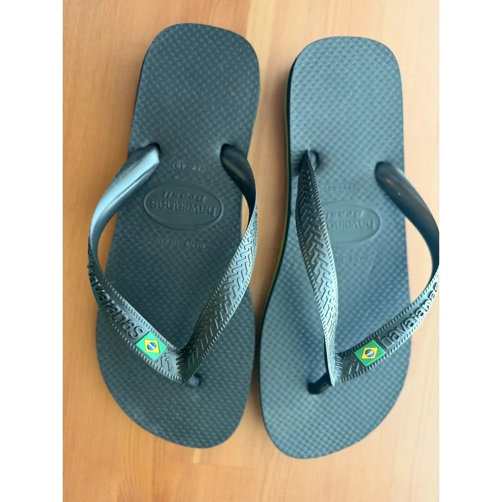 Havaianas Brasil Logo Black Flip Flops Sandals Mens 7/8 Womens 9/10